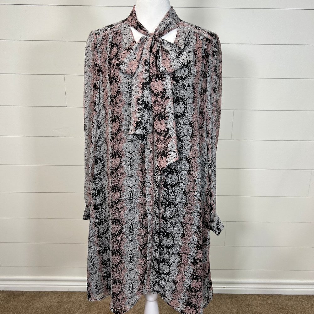 CeCe Sheer Black, Gray and Pink Paisley Smock/Tunic Dress with Neck Tie …